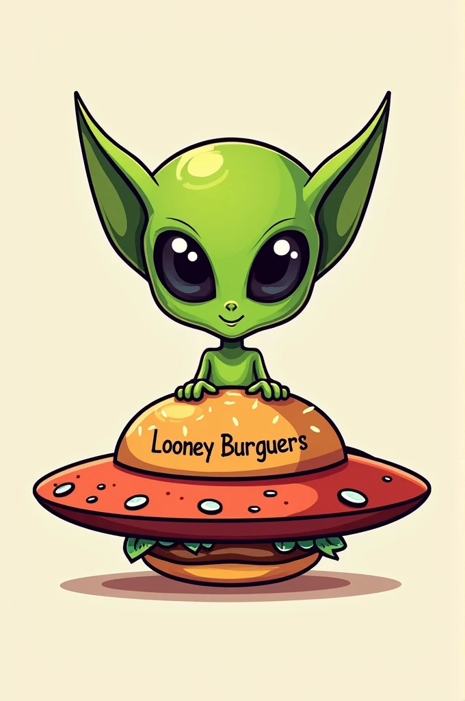 A logo for a hamburgers business called "Looney Burguers". The main element is a green alien with large eyes. The alien is standing on a UFO-shaped spaceship that is a hamburger. The text "Looney Burguers" is written on the spaceship. There is not background