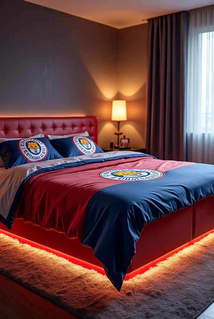 Example of a jumbo mattress that uses a Leicester City bed sheet and bed cover plus air conditioning and lights under the mattress.
