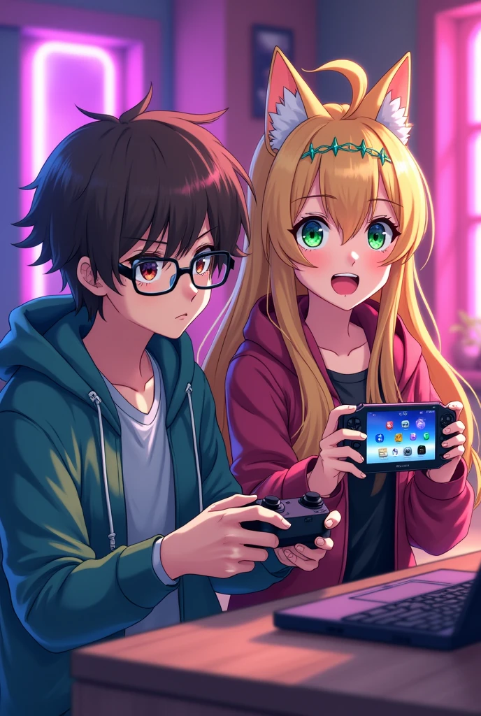 An anime gaming girl with cat ears, a crown, blonde hair and green eyes and holding a PS Vita in her hand with RGB lighting. Next to him stands a gaming boy with brown eyes and brown hair wearing glasses and a controller 