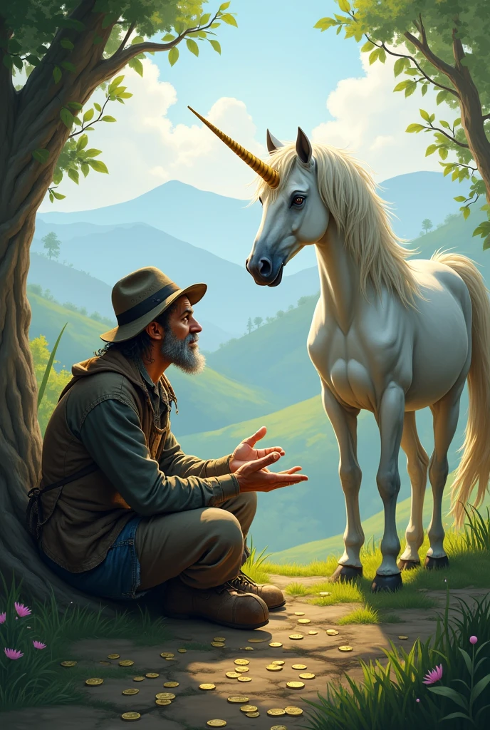 Draw a tramp counting a unicorn 