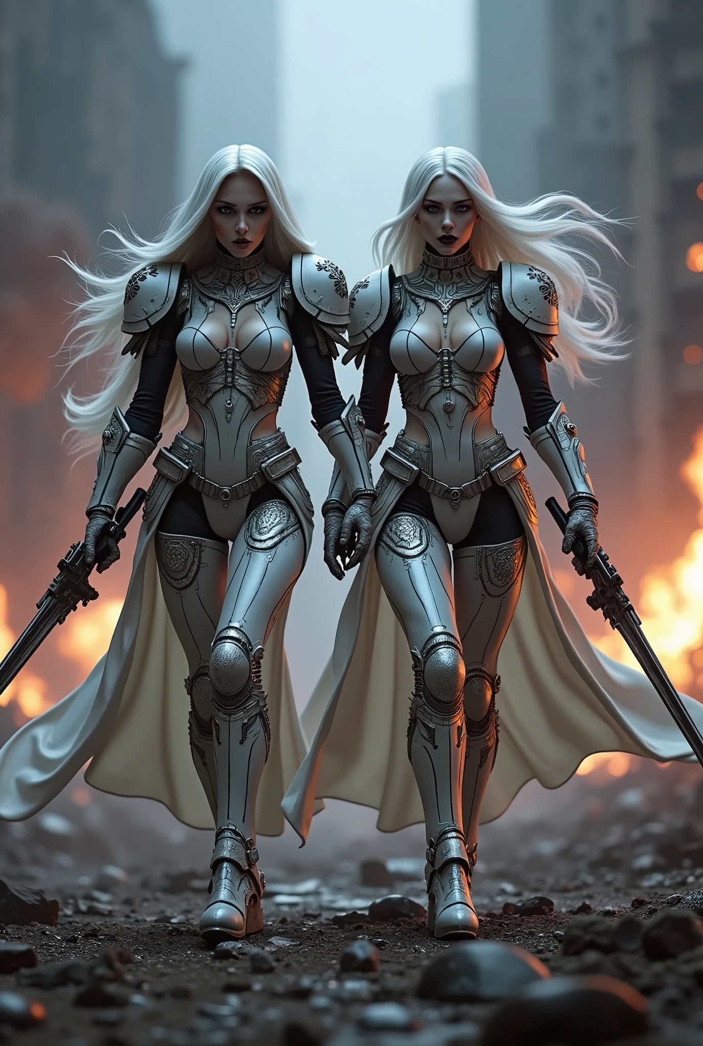 Full body pose sexy sisters of battle from the warhammer 40k, white armor with intricate details, religous symbols on the armor, sisters of battle, warhammer 40k, Massive silicone breast, pale skin, seductive, temptation, eat your soul, clevage, xtremely long flowing neon white hair, xtremely long flowing neon white hair, heavy gothic makeup, at night, neon, beautiful detailed eyes, beautiful detailed lips, extremely detailed eyes and face, long eyelashes, highly detailed armor, intricate futuristic weaponry, dramatic lighting, cinematic composition, muted color palette, gritty and realistic, mecha, science fiction, hyper-detailed, photorealistic, award winning digital art, 8k, HDR, masters work, in the middle of a battle field, full body combat action pose, explosions and fire around, full war, stunning, Stilleto heels, high heels, full body pose, cinematic, movie trailer, final stand!, nemesis, ready to strike, dust and debree, combat screams, attacking. shooting at the enemy, running forward, last line of defense, charging, fanatic, religious, templar knights, sisters of battle, warhammer 40k