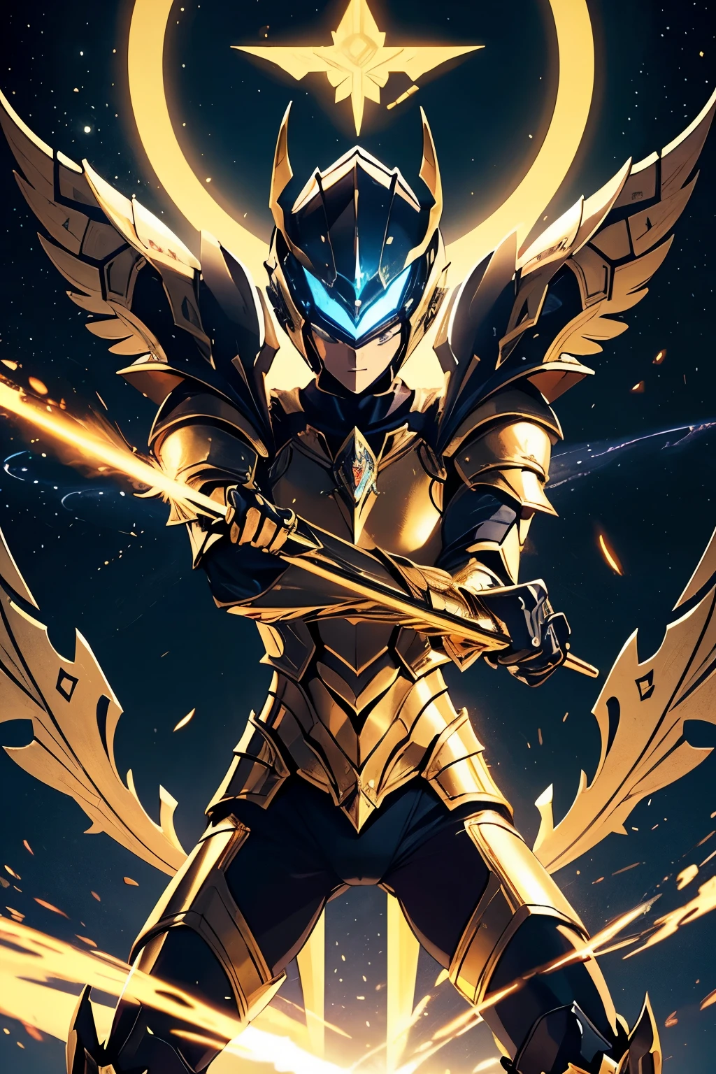 The image presents a golden knight in highly detailed armor, inspired by the Knights of the Zodiac, particularly the Sagittarius armor from the Omega series. The figure is positioned facing the screen, ensuring a clear and focused view of all the intricate details, with a special emphasis on the shoulder pads.
The pauldrons are large, curving outward and upward, resembling the wings of a bird, a key feature of the Sagittarius armor. These shoulder pads have a smooth, polished golden finish, with angular lines that suggest both strength and elegance. The design of the pauldrons is unique, extending slightly beyond the shoulders in a wing-like formation, giving the knight a regal and majestic appearance, reminiscent of celestial wings.
The helmet is aerodynamic with a central crest that projects upwards, adding to the commanding presence of the knight. The visor glows softly with a blue light, integrating a high-tech, futuristic touch to the overall design. The chest piece consists of segmented golden plates arranged in a symmetrical pattern, providing both protection and an air of nobility. In the center of the chest, a gem or crystal emits a soft, mystical glow.
The arms are protected by articulated golden plates, with the gauntlets being robust yet refined, blending the futuristic elements with the classic style of the Zodiac armors. The legs are similarly armored, with segmented plates covering the thighs, knees, and shins, ending in angular boots that convey a powerful and grounded stance.
The background of the image is set against a dark cosmic scene, with rocky terrain illuminated by distant stars and nebulae. The golden armor gleams brightly against this backdrop, emphasizing its divine and powerful nature. Dynamic lighting highlights the polished surfaces, especially the wing-like shoulder pads and the glowing central gem, reinforcing the knight's mystical and imposing aura.