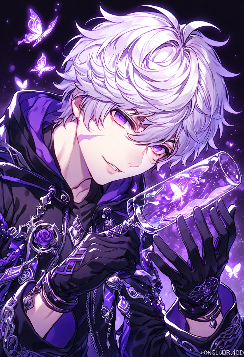 absurdres, highres, ultra detailed, HDR, master piece, best quality, extremely detailed, detailed face, Add, white hair, expressive purple eyes, Elsword, solo, sexy man, handsome, purple lightning scar on the left eye, hooded black coat, black shirt with patterns, black gloves, magical, fantasy, under a purple tree, purple flames, purple moon, purple fireflies, purple roses, purple butterflies, glass magic