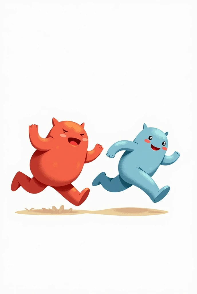Create two cute characters, they must be formless non-human beings for children. Strength and Movement they are friend adventurers. Strength robust red and Movement light blue, these on a white background with running poses