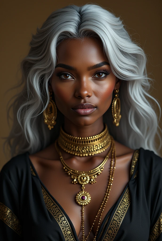Black Indian Woman,silver hair ,purple eyes, gold jewelry and typical black and gold clothing