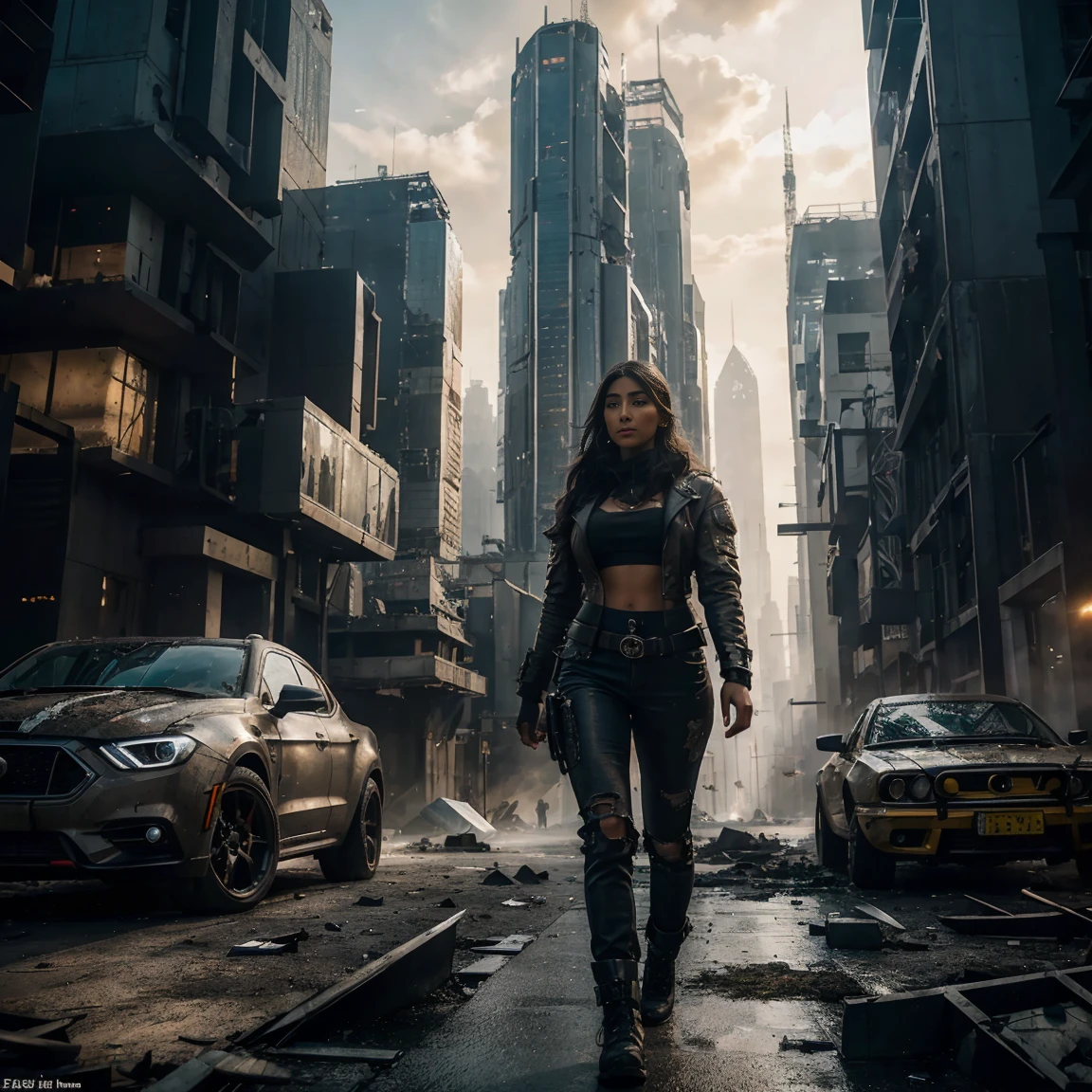 (of the highest quality, ultra high definition, 16k, masterpiece) A powerful girl, Pooja Hegde, walks confidently in front of his sturdy, Futuristic car in the middle of a chaotic, war-torn metropolis.. The shot is from medium to long view., capturing her determined presence and all the environment that surrounds her. She looks ahead with a fierce gaze., unwavering expression, embodying strength and resolve. She wears a fitted mecha camiseta under a stylish jacket and jeans pants, Her outfit combines practicality with a touch of modern style... The jacket is detailed with armas de fuego, rifles, and utility pockets, Improving your battle-ready appearance. His hair is disheveled and unruly, adding to its dynamic presence. The car behind her is a highly modified., armored vehicle, its exterior marked by countless battles. It is a testament to their resilience and ingenuity.., with various gadgets and weapons mounted on its frame. the car is elegant, complements the overall gritty atmosphere. In the background, the entire skyline of the metropolis is visible, partially obscured by smoke and ash. Skyscrapers rise amidst chaos, Many of them are badly damaged with large holes and crumbling facades.. Explosions light up the scene, casting an eerie glow over the widespread destruction. Spaceships float ominously in the sky, involved in fierce air battles, Their elegant designs contrast with the devastation that lies beneath.. The ground is littered with debris and remains of destroyed structures.., increasing the sense of a world torn apart by conflict. Pieces of metal, broken glass, and vehicle remains are scattered across the landscape. The lighting is spectacular., with strong contrasts that highlight the textures of her outfit and the metallic surface of her car. The play of light and shadow emphasizes the intense expression on his face and the chaos of the background...