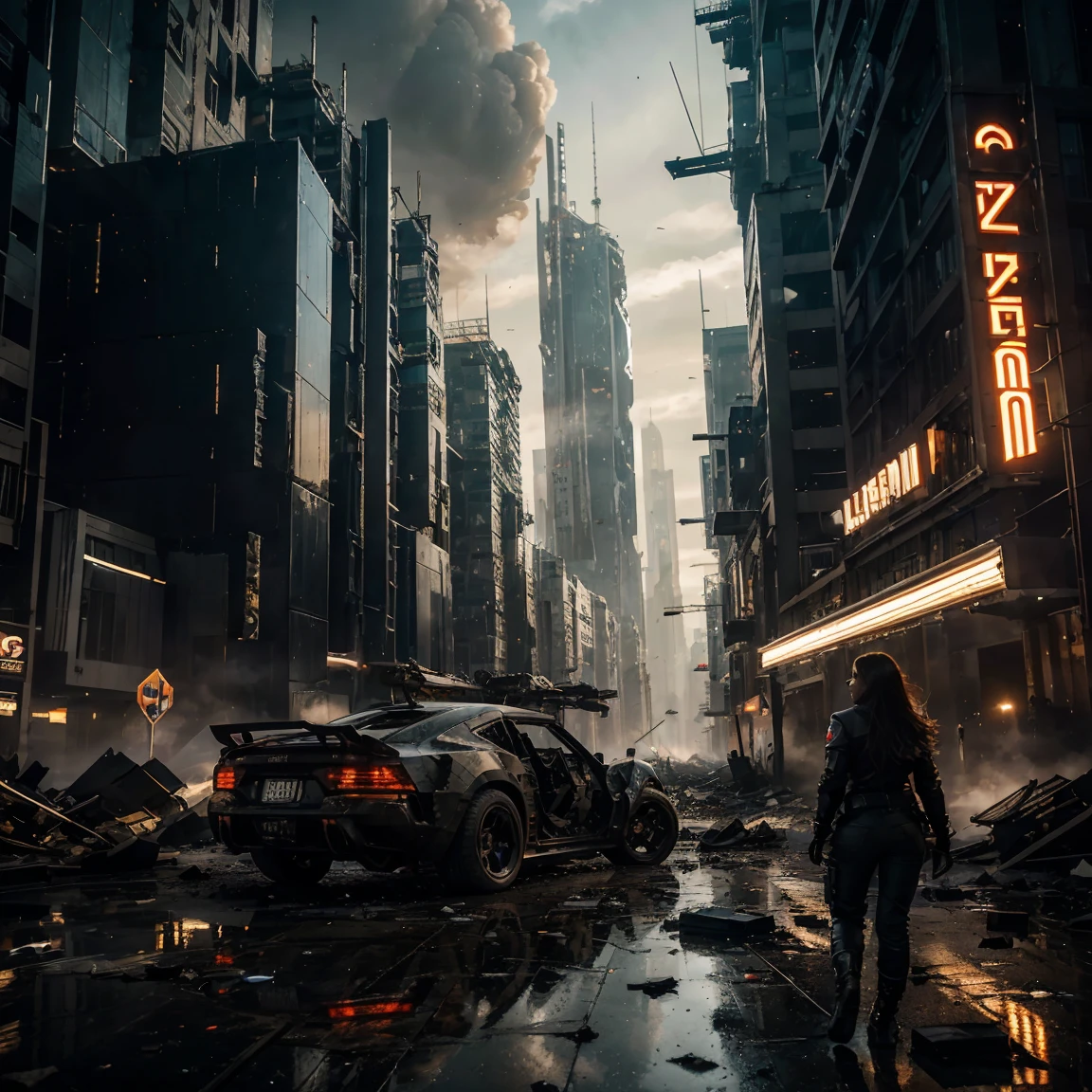 (of the highest quality, ultra high definition, 16k, masterpiece) A powerful girl, Pooja Hegde, walks confidently in front of his sturdy, Futuristic car in the middle of a chaotic, war-torn metropolis.. The shot is from medium to long view., capturing her determined presence and all the environment that surrounds her. She looks ahead with a fierce gaze., unwavering expression, embodying strength and resolve. She wears a fitted mecha camiseta under a stylish jacket and jeans pants, Her outfit combines practicality with a touch of modern style... The jacket is detailed with armas de fuego, rifles, and utility pockets, Improving your battle-ready appearance. His hair is disheveled and unruly, adding to its dynamic presence. The car behind her is a highly modified., armored vehicle, its exterior marked by countless battles. It is a testament to their resilience and ingenuity.., with various gadgets and weapons mounted on its frame. the car is elegant, complements the overall gritty atmosphere. In the background, the entire skyline of the metropolis is visible, partially obscured by smoke and ash. Skyscrapers rise amidst chaos, Many of them are badly damaged with large holes and crumbling facades.. Explosions light up the scene, casting an eerie glow over the widespread destruction. Spaceships float ominously in the sky, involved in fierce air battles, Their elegant designs contrast with the devastation that lies beneath.. The ground is littered with debris and remains of destroyed structures.., increasing the sense of a world torn apart by conflict. Pieces of metal, broken glass, and vehicle remains are scattered across the landscape. The lighting is spectacular., with strong contrasts that highlight the textures of her outfit and the metallic surface of her car. The play of light and shadow emphasizes the intense expression on his face and the chaos of the background...