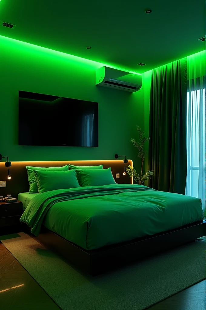 A room with green walls and furniture that contrasts somewhat, the appliance is black. I want a large bed with green sheets, a large television with many inches and a mini split for those cold colors and writing like yours that changes color LED.