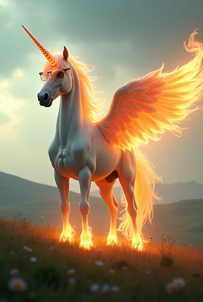 (photorealism:1.2), winged flaming unicorn in the distance with glasses