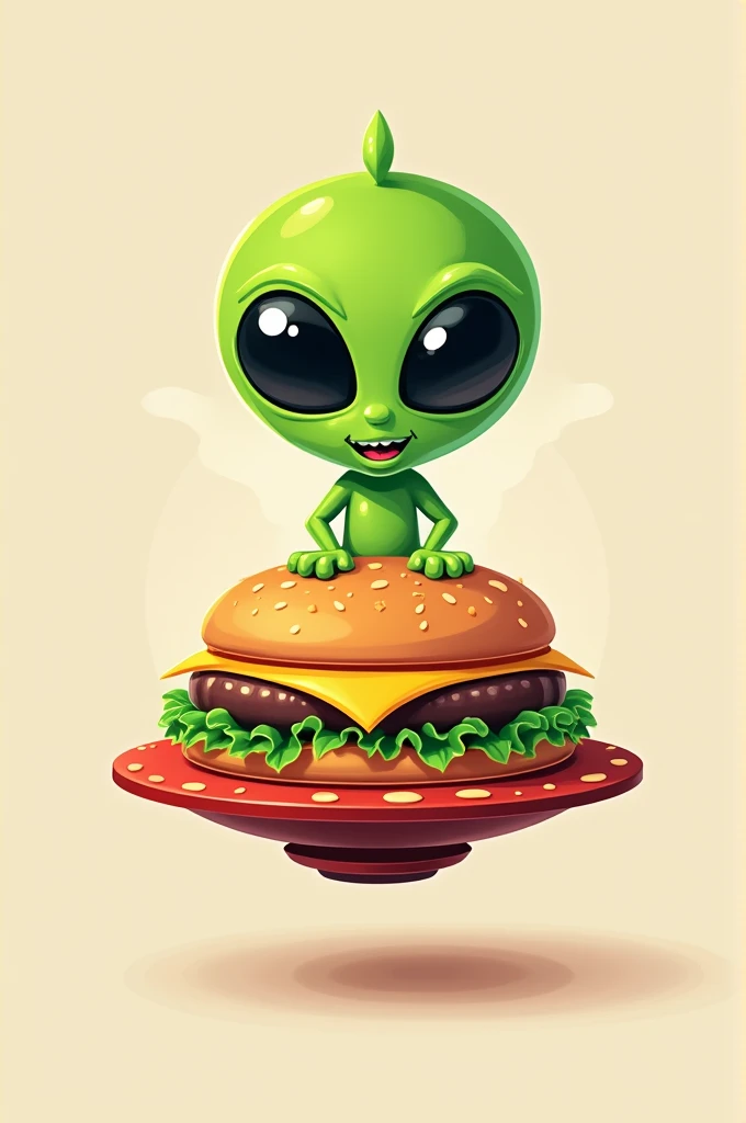 A logo for a hamburgers business called "Looney Burguers". The main element is a green alien with large eyes. The alien is standing on a UFO-shaped spaceship that is a hamburger. The text "Looney Burguers" is written on the spaceship. There is not background
