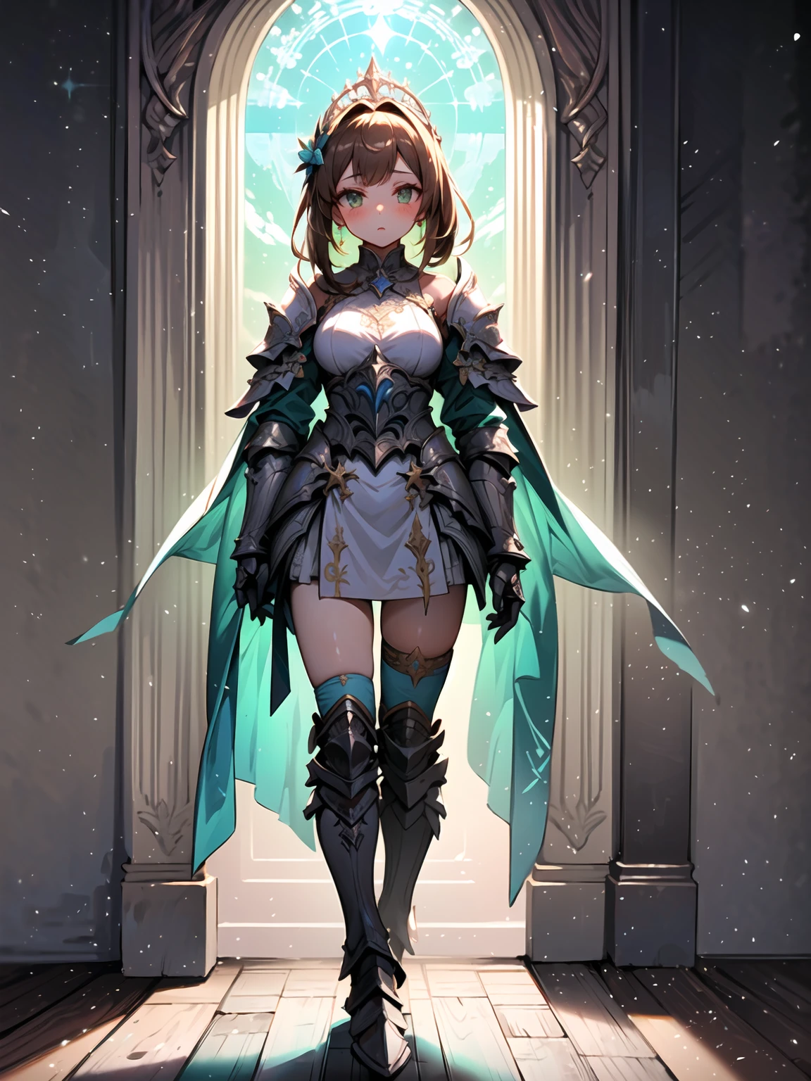 (((masterpiece, best quality, high detailed, 16k))) (1girl) An unimaginably beautiful princess with short, chestnut brown hair and captivating green eyes. She is adorned in celestial armor, shimmering with a blend of white and gold, intricately detailed with ethereal patterns and symbols of nobility and divinity. The armor is elegant and protective, enhancing her regal presence. Her beauty is radiant and enchanting, her gaze exuding wisdom and grace. She stands tall and poised, embodying both strength and serenity. A soft, heavenly glow surrounds her, accentuating her celestial aura and royal lineage. ((full body view))