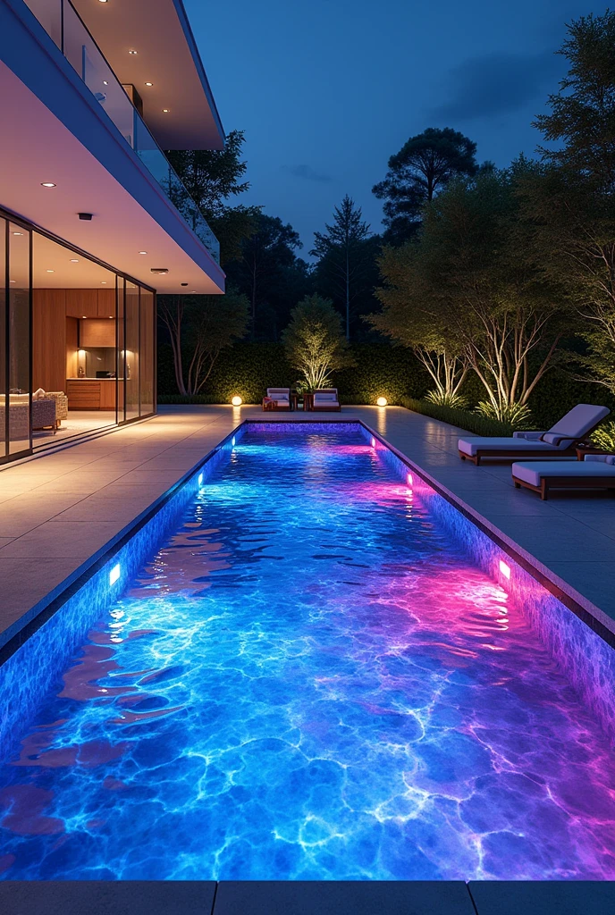 (photorealism:1.2), custom pool with colored lights