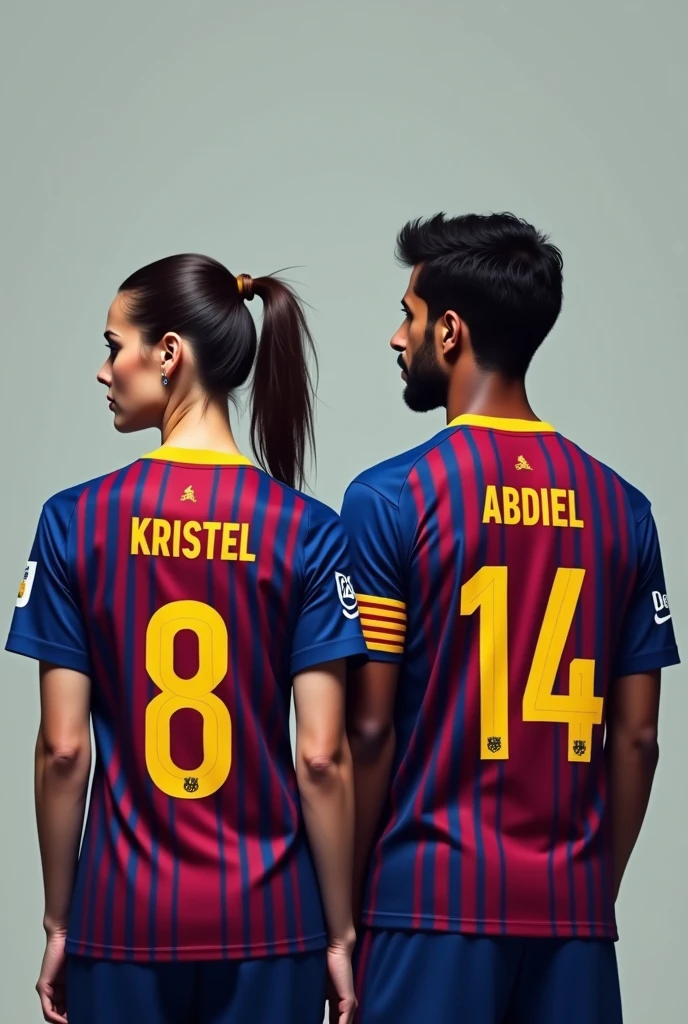 Woman and man from behind with the Barcelona shirt number 8 and 14 named Kristel and Abdiel and the woman with her hair tied to one side so that her names can be seen