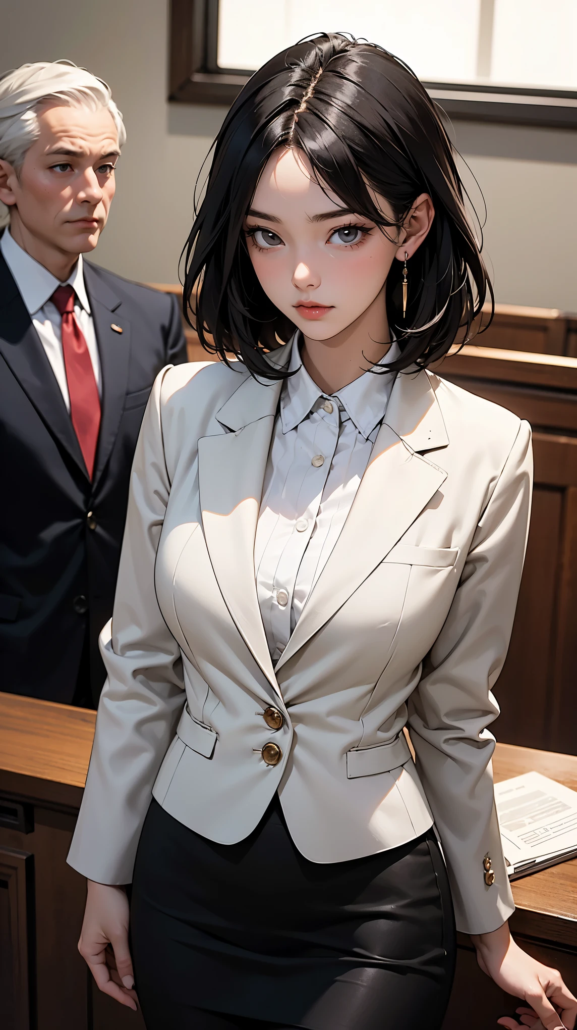 4k cinematic, Claire Wong, a sophisticated and no-nonsense 3 lawyer, who has super  attractive body, is depicted in a luxurious courtroom, standing confidently before a judge. She is dressed in a perfectly fitted black pencil skirt and blazer, her hair styled in a sleek, straight bob that adds to her sharp, professional appearance. Her piercing gaze and calm demeanor command the attention of everyone in the room as she delivers her arguments with precision. The courtroom is grand, with dark wood paneling and elegant architecture, emphasizing the seriousness and authority of the scene. 