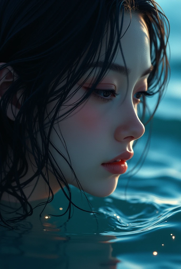 One beautiful girl,Highest quality,masterpiece,detailed,night,One beautiful girl,Shadows reflected on the water,The sound of rolling waves,In a place where time has been forgotten,Quietly close your eyes,Close up of face,Face forward
