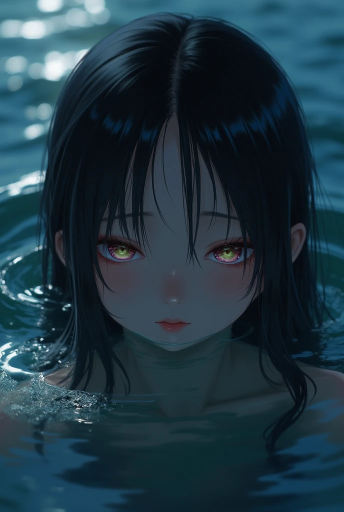 One beautiful girl,Highest quality,masterpiece,detailed,night,One beautiful girl,Shadows reflected on the water,The sound of rolling waves,In a place where time has been forgotten,Quietly close your eyes,Close up of face,Face forward