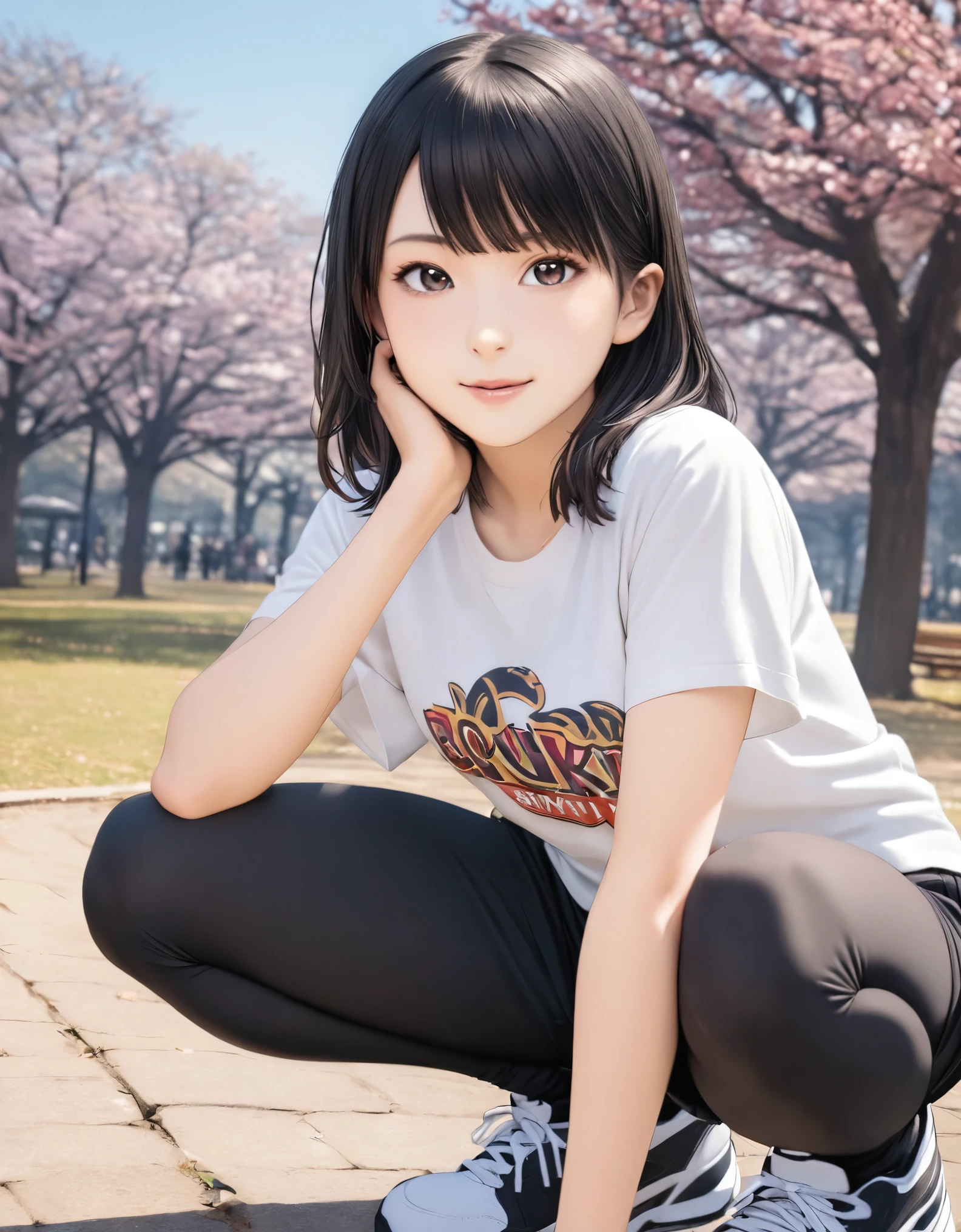 (best quality:1.2), 1girl, Ueno park, T-shirt, hot pants, squat