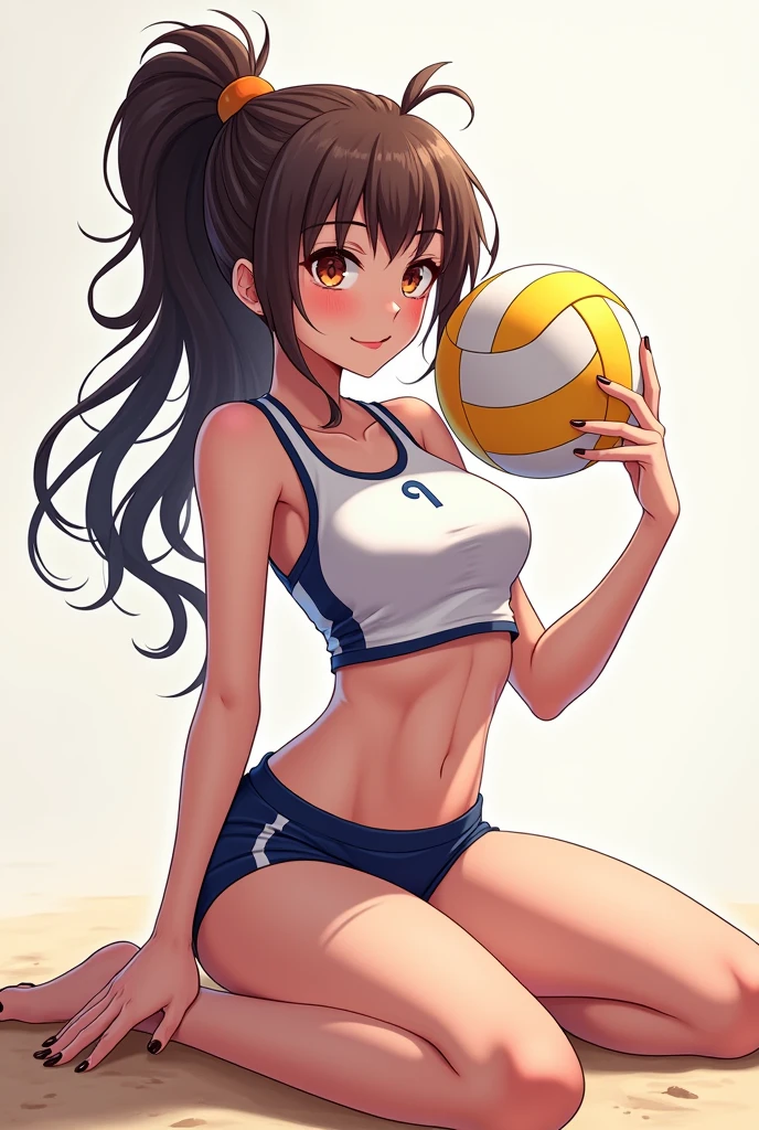 Hot anime girl wearing volley ball short and shirt hook sitting big hips