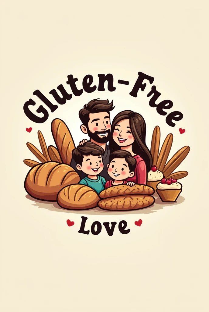 logo of a bread and cake factory, called Gluten Free Love, and in the center a family with a father, Mother, son and daughter