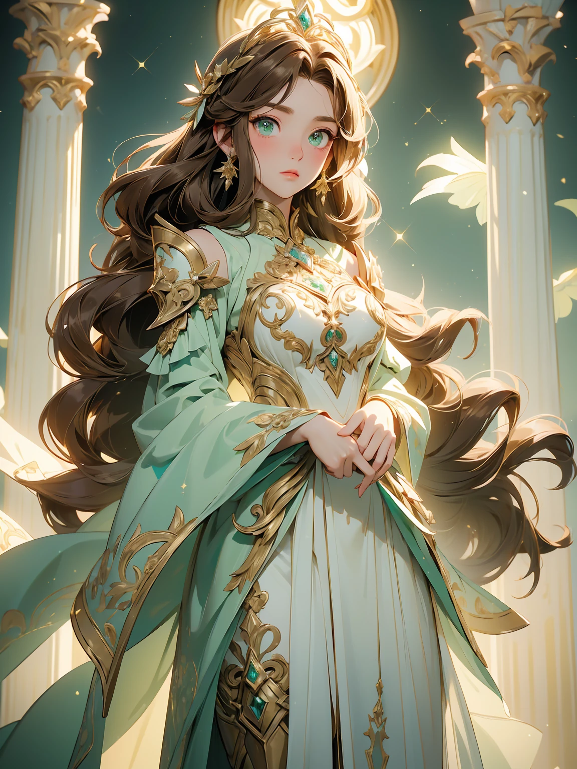 (((masterpiece, best quality, high detailed, 16k))) (1girl) An unimaginably beautiful princess with short, chestnut brown hair and captivating green eyes. She is adorned in celestial armor, shimmering with a blend of white and gold, intricately detailed with ethereal patterns and symbols of nobility and divinity. The armor is elegant and protective, enhancing her regal presence. Her beauty is radiant and enchanting, her gaze exuding wisdom and grace. She stands tall and poised, embodying both strength and serenity. A soft, heavenly glow surrounds her, accentuating her celestial aura and royal lineage. ((full body view))