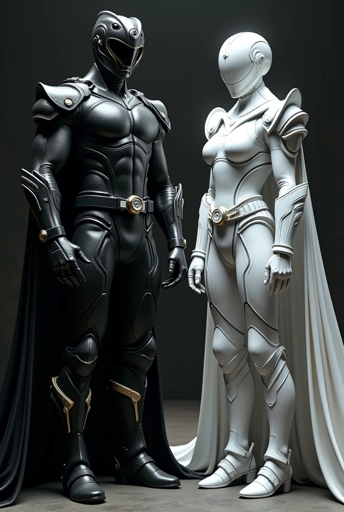 Power Ranger Black with white girl in full shining armor with armor covering her face too, facing front, color BLACK with a little touch of WHITE ARMOR and face FULL cover with hair