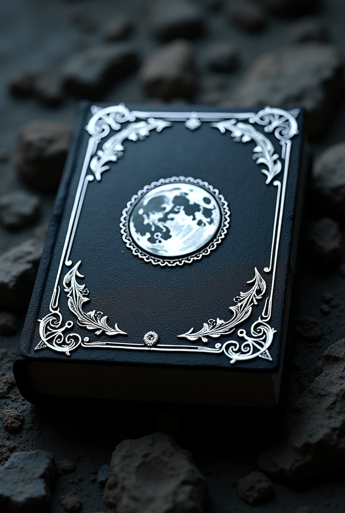 a black grimoire with silver carvings with small vine leaves on the four corners of the cover and in its center a full moon