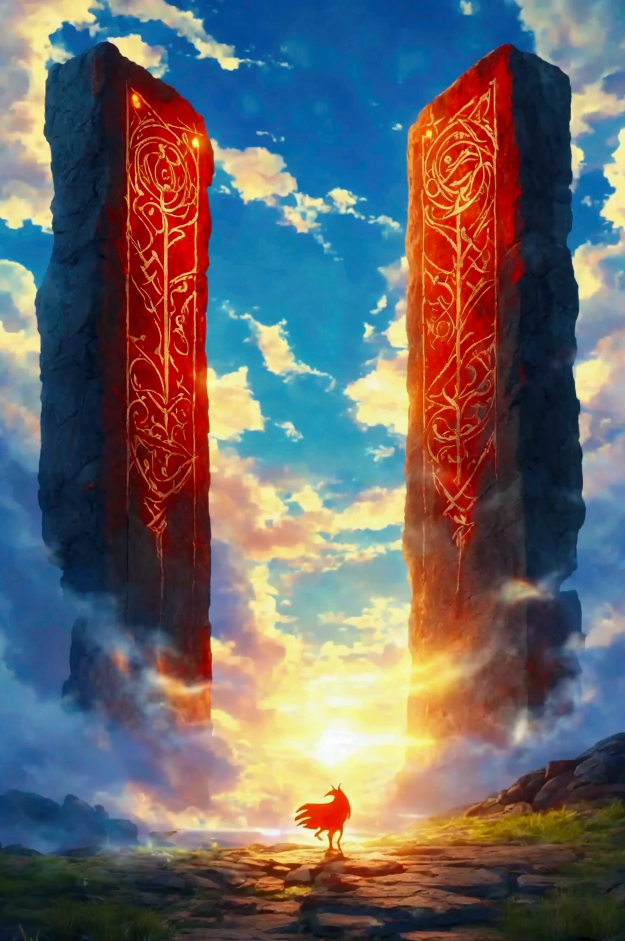 giant glowing red runic engravings next to each other on a stone