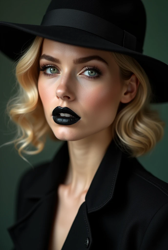 (((best qualityer))), highly detailed, high resolution. 2 female, blondie hair, clear green eyes, fleshy lips, heavy make-up, The model wears a black jacket and a black hat, Not 32k UHD style, Rococo elegance, Vintage style design, bold curves, ferrânia p30, Limited color range with black lipstick