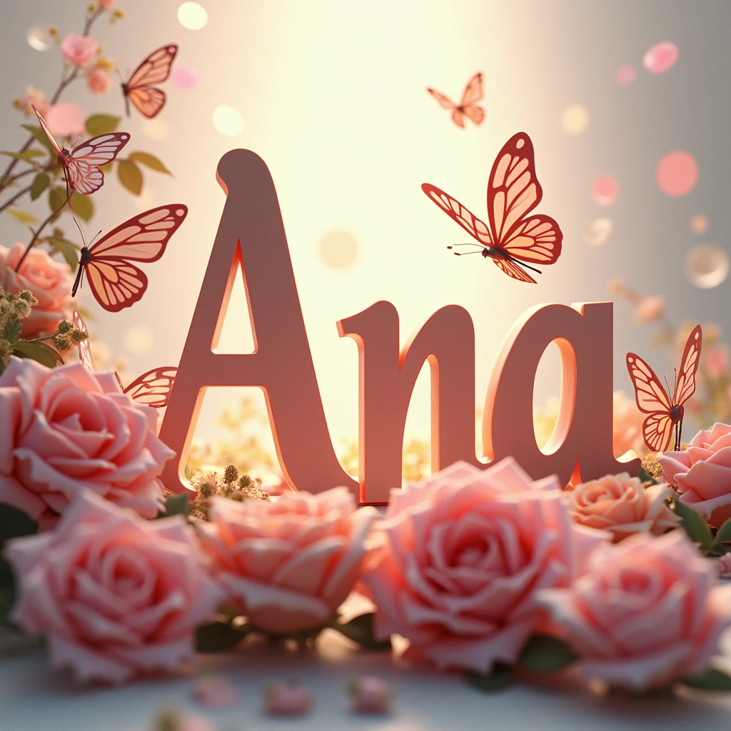 image with the name Ana in the background with the initial A and in front the name Ana and some butterflies and at the bottom of the page some roses