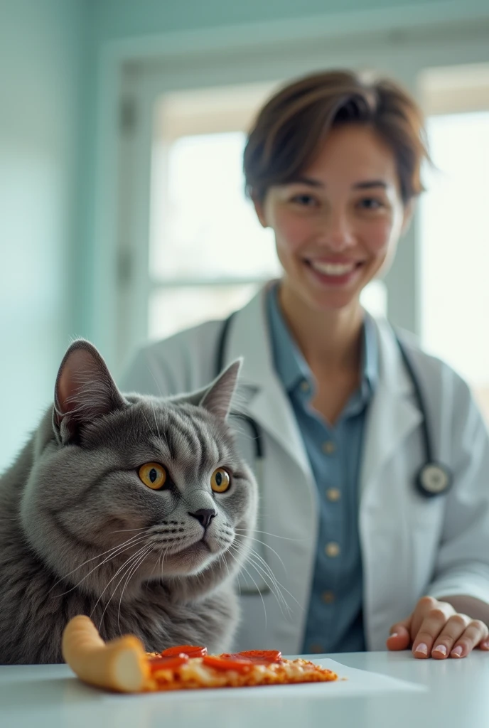 A white psychologist, Youngh, thin and short woman attending the clinic with a very fat gray cat eating a pizza 