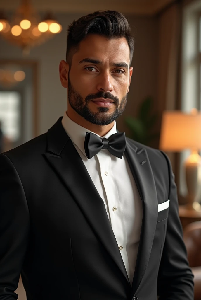 Generate an image of a successful young entrepreneur in his early 30s. He has a light brown complexion, short, neatly styled black hair, and a well-groomed beard. His expression is one of victory and achievement, with confident, piercing eyes. He is wearing a sleek, black tuxedo with a crisp white shirt and a black bow tie. The scene is set in a luxurious, modern environment, such as a high-end office or a grand ballroom, with soft lighting that accentuates his sense of accomplishment and stature.