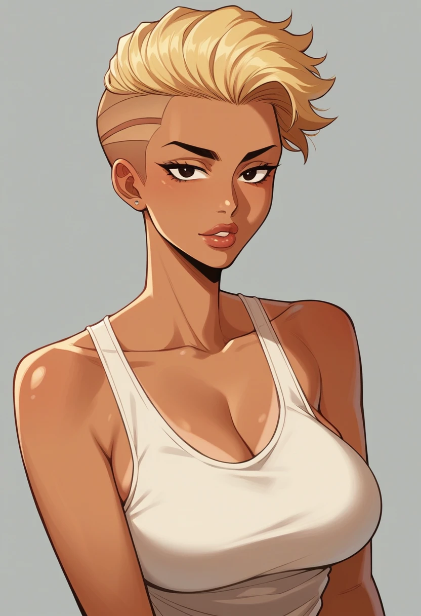 {Image 4K}, 1 Beautiful Brazilian woman, 1, short blonde hair slicked back, tanned skin,big, round, dark eyes, very big breasts, wide lips, 1 taupe, ssmile, wear a tank top (white), background city (flou), simple ssmile, Linear Manga (with colors), {juste une photo du visage et de la poitrine}, {Centered image}