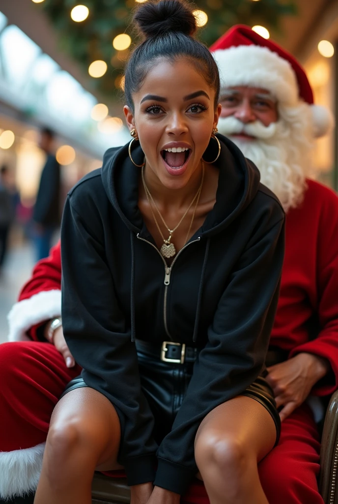 black woman hair in a bun black hoodie black leather short shorts butt cheeks showing excited and eyes wide open on her face setting in santa claus lap at the mall 8k