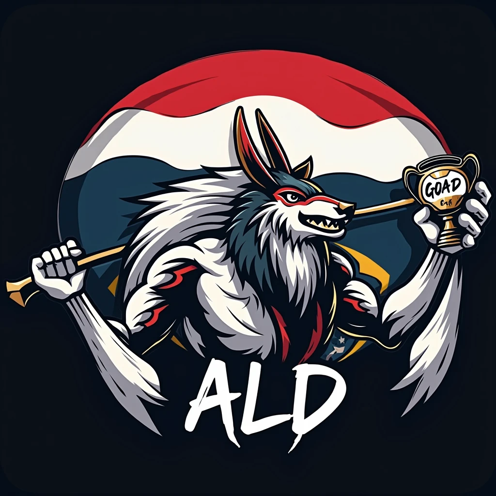 create a sports logo with the name ALD with an apache mascot holding a trophy with goat written inside with the Brazilian flag behind it