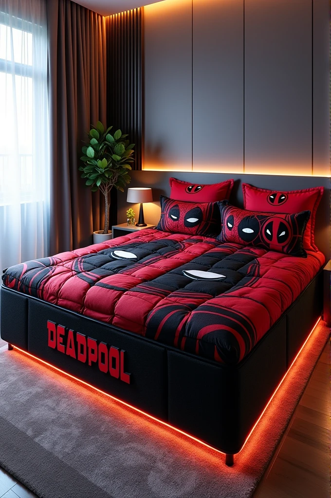 Example of a jumbo mattress that uses a deadpool bed sheet and bed cover plus air conditioning and lights under the mattress.