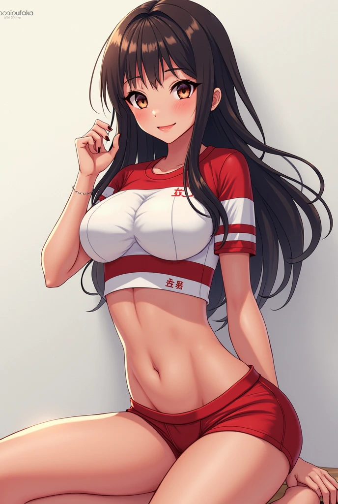 Hot anime girl wearing volley ball short and shirt sitting big hips