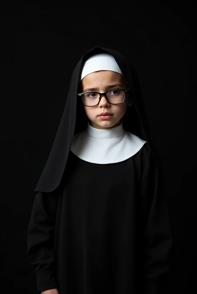 a young woman, 2, wearing glasses and dressed as a nun, slightly worried face, black background, catalog photography. full body