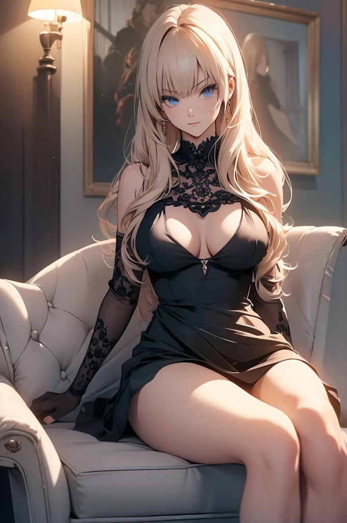 (Highest quality,4K,High resolution,masterpiece:1.2), (Very detailed), (Slender beauty)(Age 27)Sitting with legs crossed,Full body,Sexy Dress,I can see her panties,