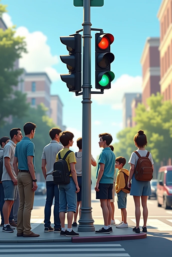 Traffic light for pedestrians , with pedestrians waiting