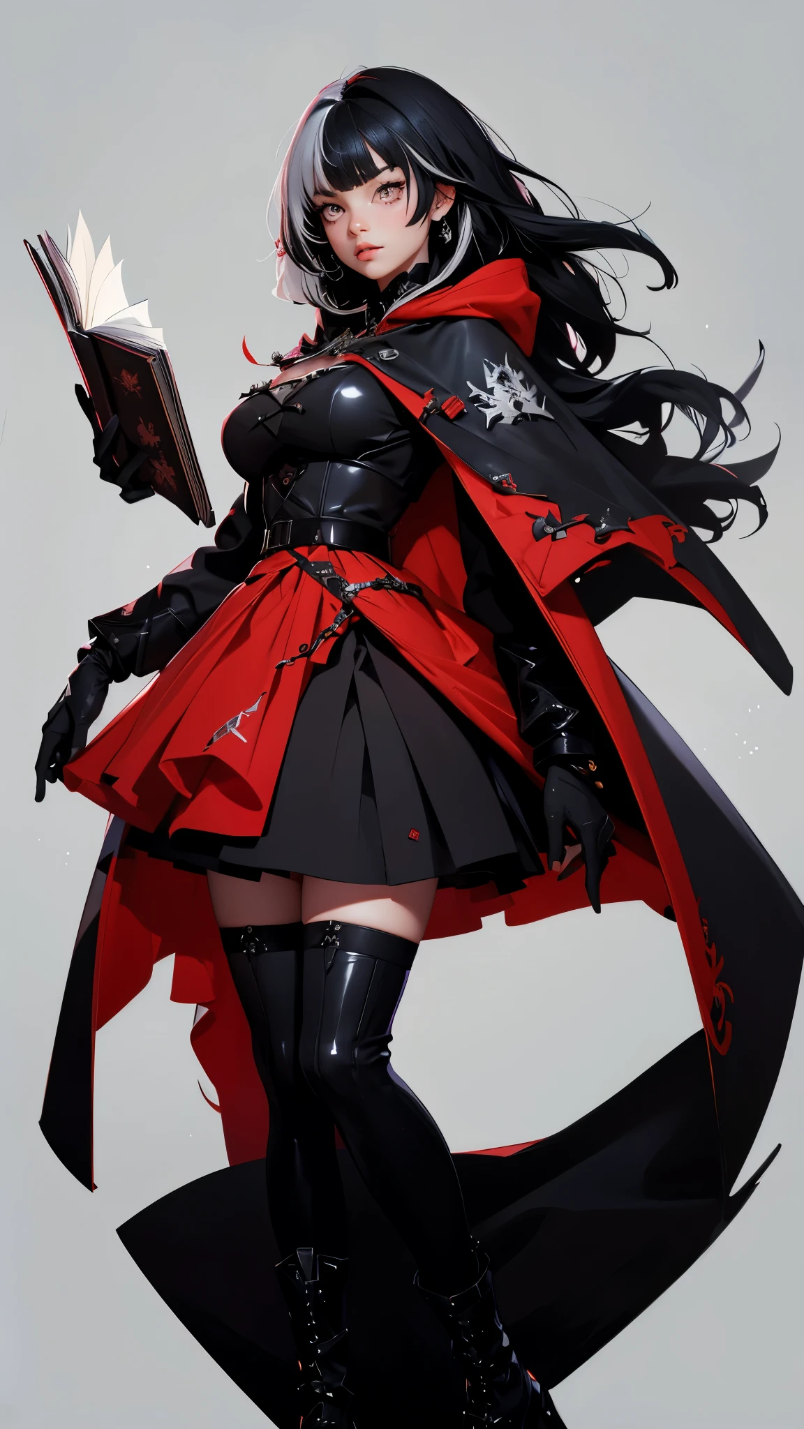 envision a 8k, highres, cinematic, beautiful full body design sheet of a girl named Shiori Novella with long black and white hair with hair ornaments, Narrowed Amber eyes, with a dark book of spells, wearing a goth military Lolita dress and red cape against a dark background