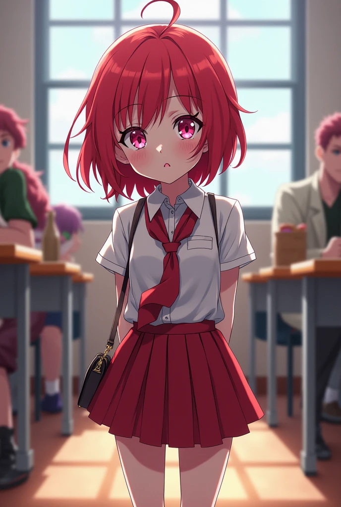 Girl type from the anime Boku no Hiro academia short girl of height 1.50 big red hair pink eyes, background in the uniform class of the UA