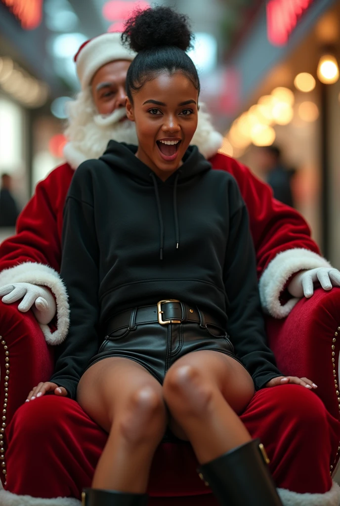 black woman hair in a bun black hoodie black leather short shorts butt cheeks showing excited and eyes wide open on her face setting in santa claus lap at the mall 8k