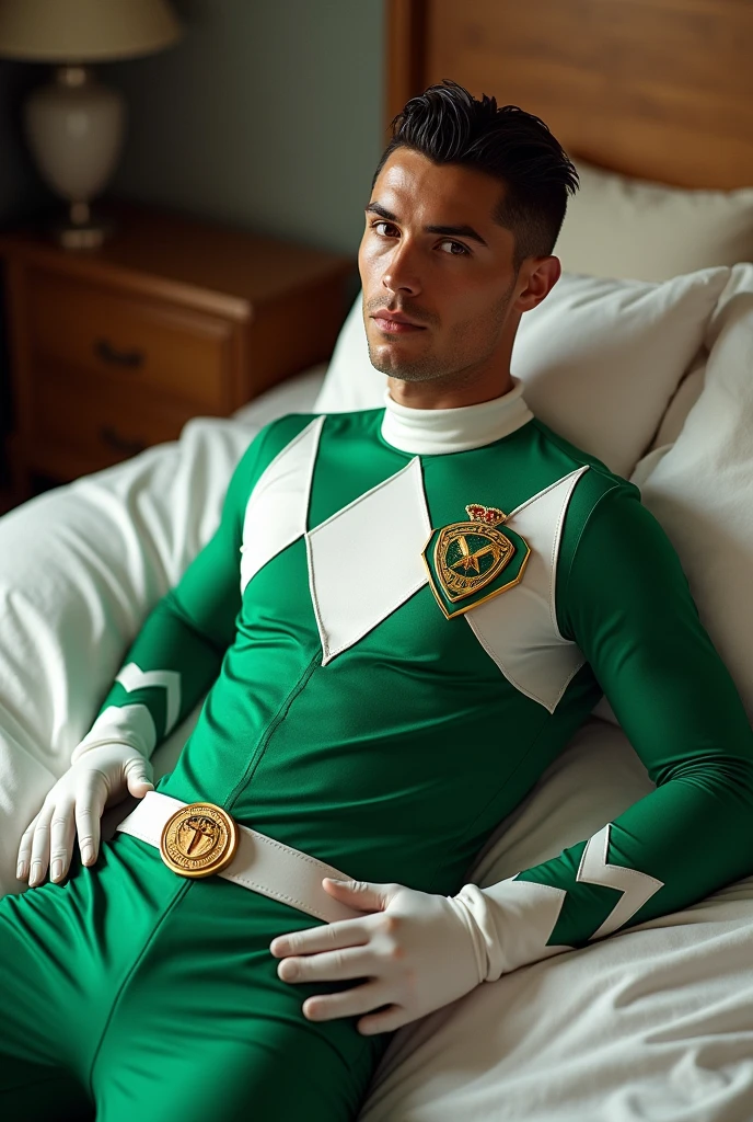 Cristiano Ronaldo, with the Green ranger mighty morphin costume, without helmet, lying on a bed, clear skin (No Beard or Mustache) Cr7