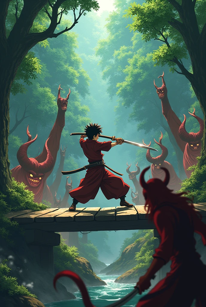*fighting*
Tandjiro kamado; with a katana ;attacks the demons with his katana;in a bridge surrounded by robust trees, fightings avec les démons