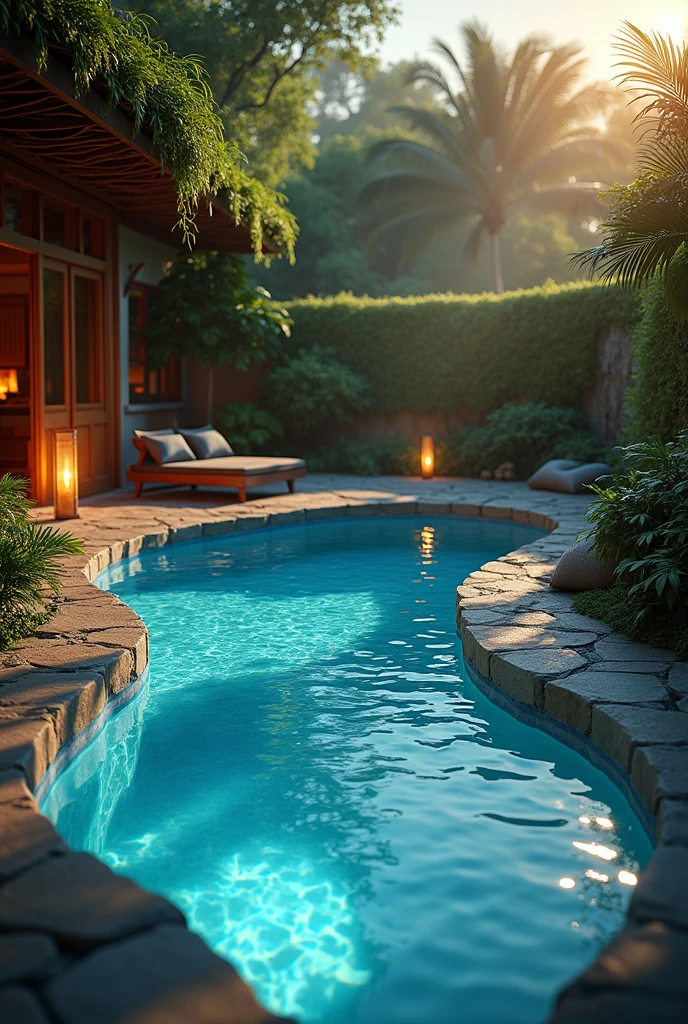 (photorealism:1.2), Custom heart-shaped heated pool