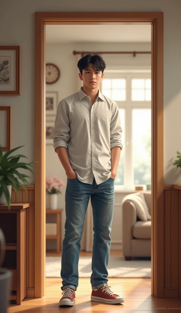 Image of a young black-haired man dressed in blue jeans and a white shirt inside a house