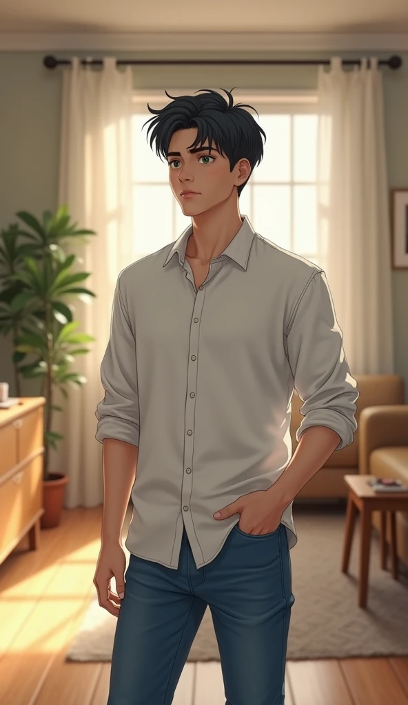 Image of a young black-haired man dressed in blue jeans and a white shirt inside a house