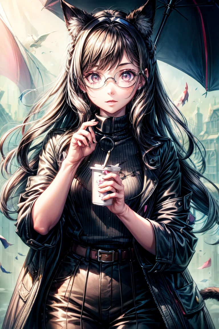 a cat woman with freckles, dark brown eyes, and an upturned nose, she is very happy, she has long wavy hair, black hair, wearing aviator sunglasses with clear lenses in a soft watercolor style. The girl's clothes must be in pink, purple, and blue in celebration of the bisexual, with stains of ink and watercolor mixing and filling the scene. There should be a subtle, nuanced change in colors using the impasto technique with gouache paint. There should be a light rain in the watercolor painting with a little watercolor paper texture and a pastel background.