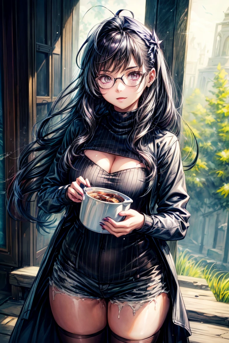 a cat woman with freckles, dark brown eyes, and an upturned nose, she is very happy, she has long wavy hair, black hair, wearing aviator sunglasses with clear lenses in a soft watercolor style. The girl's clothes must be in pink, purple, and blue in celebration of the bisexual, with stains of ink and watercolor mixing and filling the scene. There should be a subtle, nuanced change in colors using the impasto technique with gouache paint. There should be a light rain in the watercolor painting with a little watercolor paper texture and a pastel background.