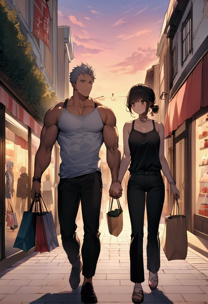 Highest quality、masterpiece、(male:1.5)、On the left is a muscular man with black hair wearing a tank top、On the right is a clothed, muscular young man with grey hair、Adjacent in the center of the screen、Holding hands、I'm shopping、Shopping Street、sunset
